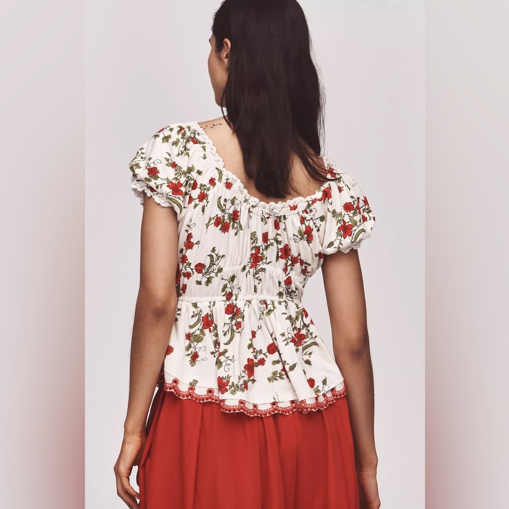 Anthropologie Maeve Short-Sleeve Sweetheart-Neck Peplum Top size Medium Petite - Picture 2 of 9